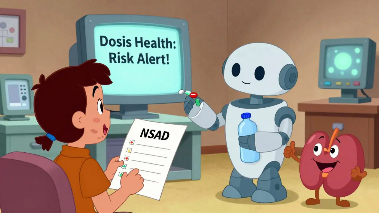 Patient receives safer medication from friendly AI robot, kidney smiles with water bottle in hand.