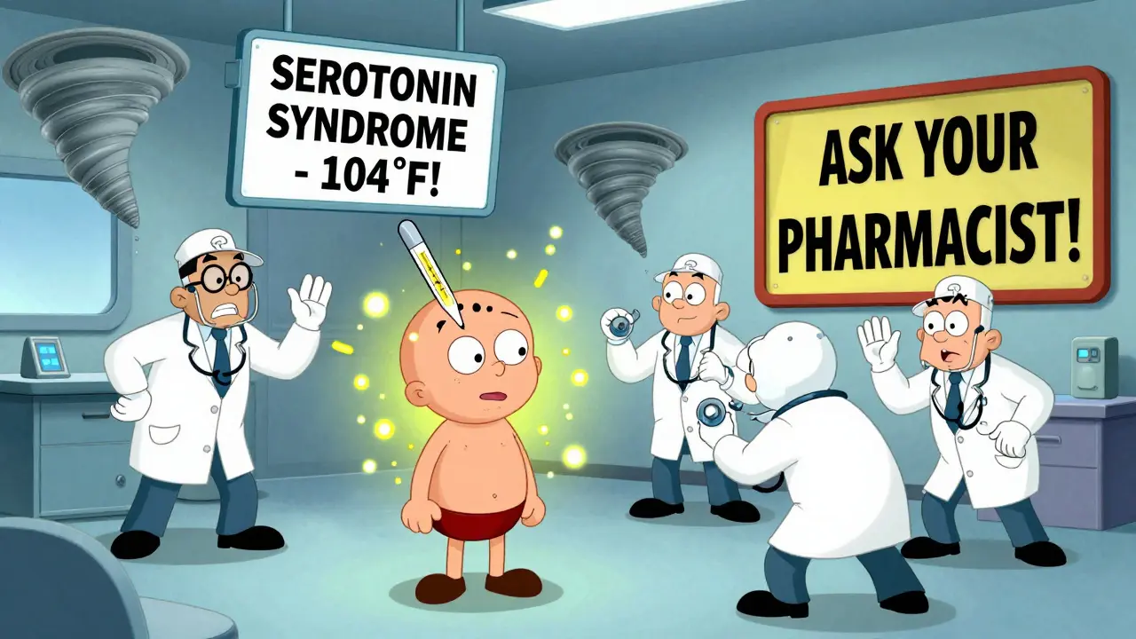 Patient with fever thermometer rocket and exploding serotonin particles in emergency room