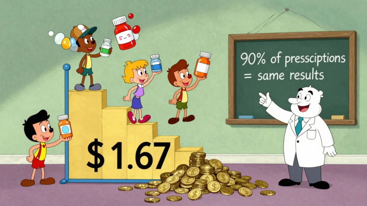 People hold generic pill bottles above a giant savings chart, with a doctor pointing to a chalkboard showing equal effectiveness.