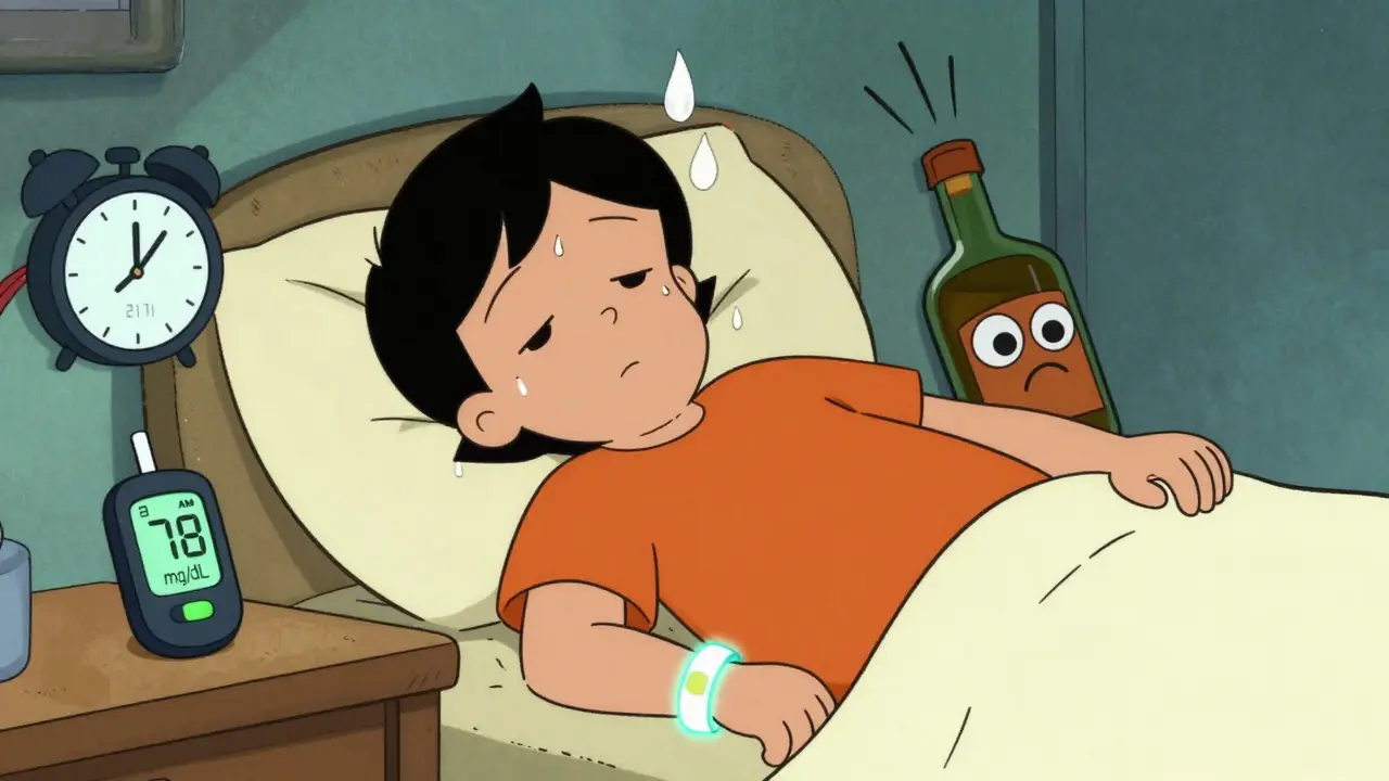 Person asleep at night with low blood sugar alarm glowing, alcohol bottle sneaking nearby.