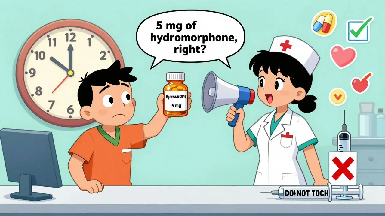 Pharmacist and nurse perform read-back with patient as unlabeled syringe is marked with X