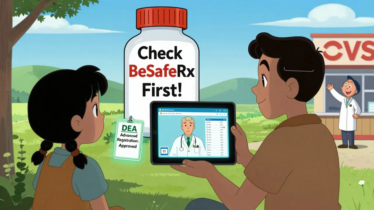 Rural patient uses telemedicine with DEA approval and PDMP dashboard, guided by a pharmacist.