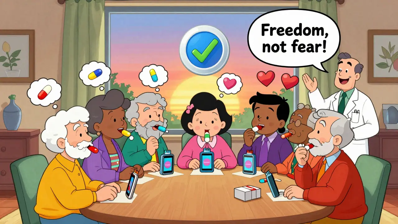 Seniors with smart pill devices smile together as a Medicare badge shines in the background.