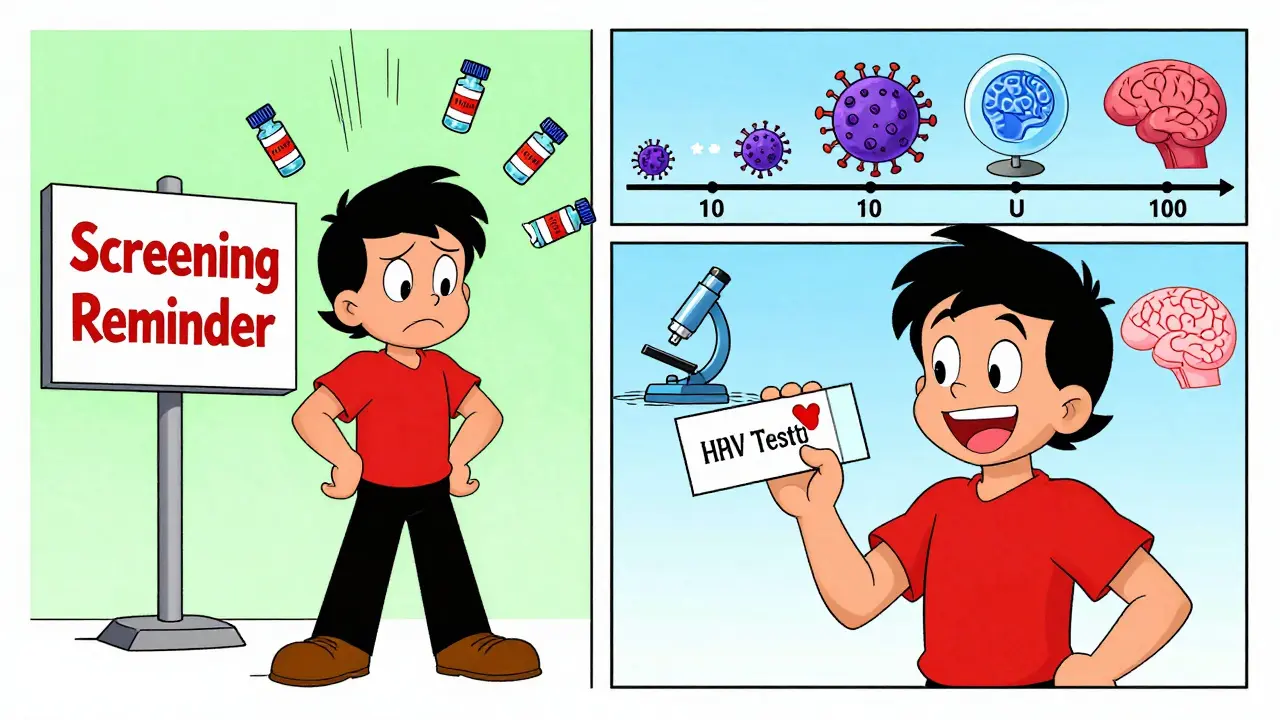 Split cartoon scene: person ignoring screening vs. smiling after negative HPV test result.