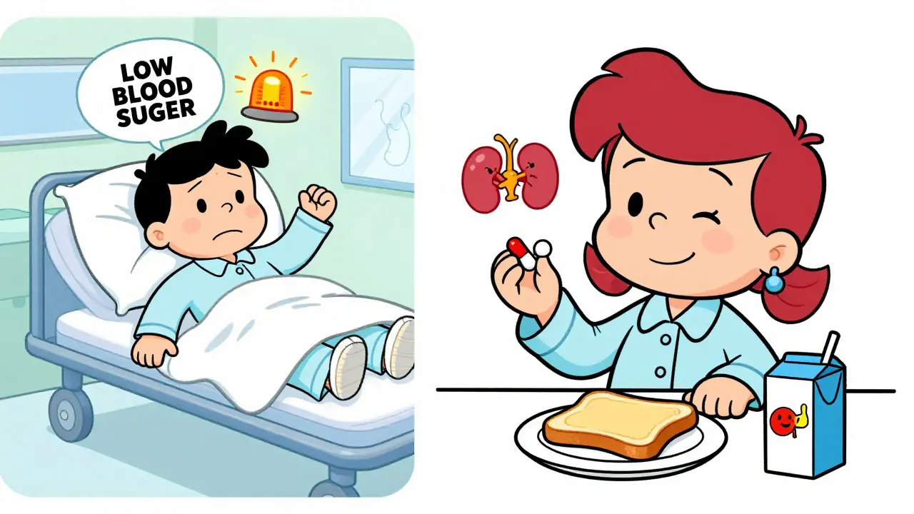 Split scene: patient in ER vs. patient safely eating breakfast with glipizide and juice.