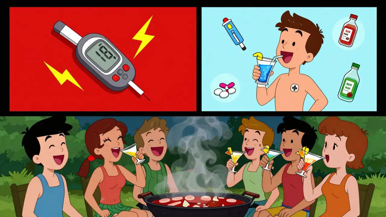 Split-screen cartoon: risky drinking vs safe drinking with medical alert bracelet visible.