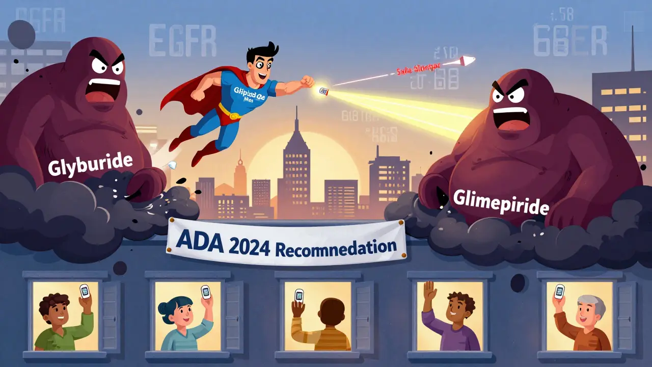 Superhero Glipizide Man defeats glyburide villains with safe blood sugar beams over a city.