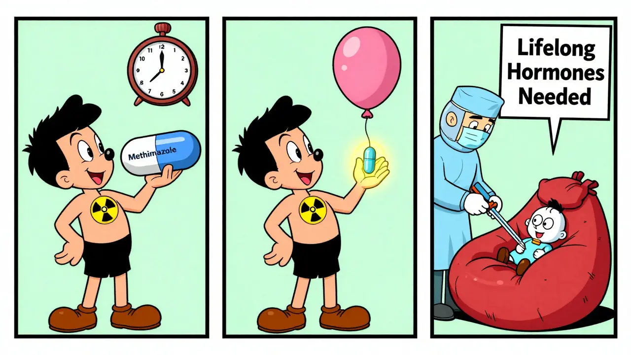 Three-panel cartoon showing pills, radioactive capsule, and surgery as Graves' disease treatments.