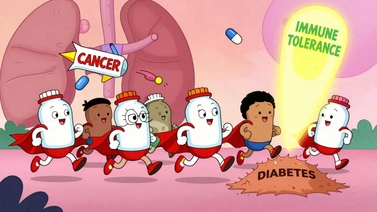 Transplant recipients in pill-bottle capes jogging toward immune tolerance beacon, avoiding dangers.