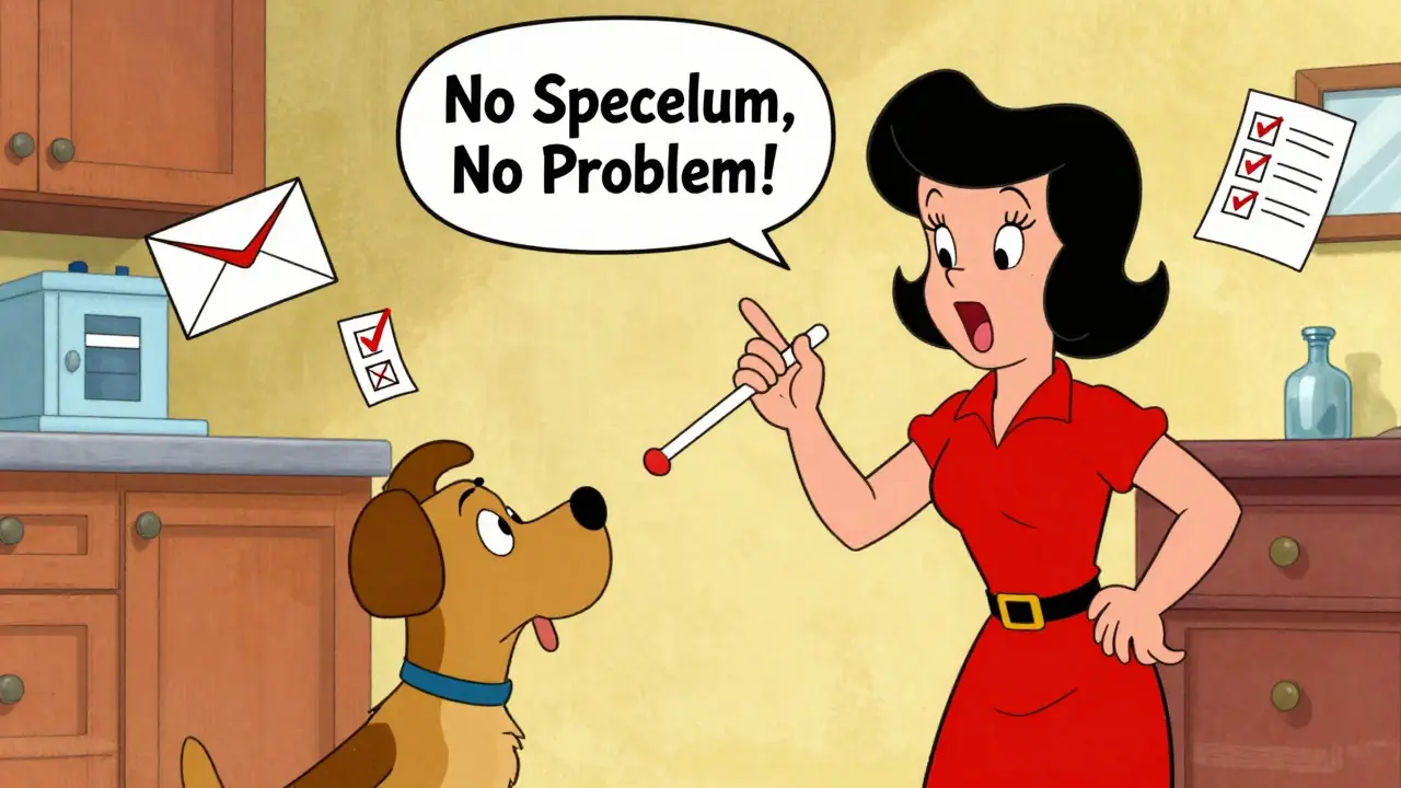 Woman self-collecting HPV swab at home with dog watching, mail envelope flying to lab.