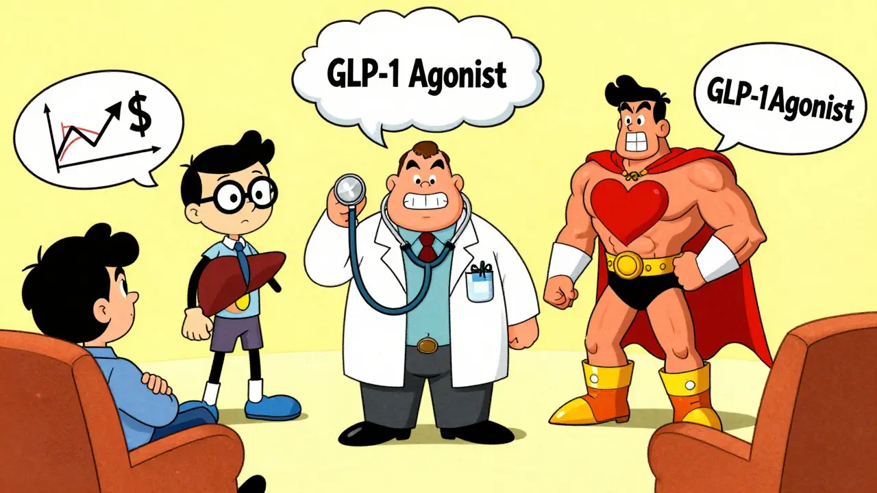 A cartoon doctor faces three pill characters: metformin as a shield-wearing nerd, sulfonylureas as a shaky villain, GLP-1 as a heroic figure with a heart cape, while a patient watches with graph and money thought bubbles.