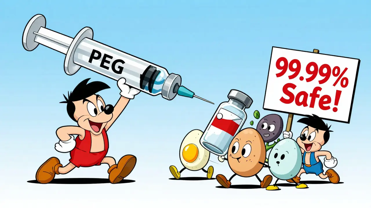 A giant syringe labeled PEG dodging other vaccine ingredients in a humorous scene.