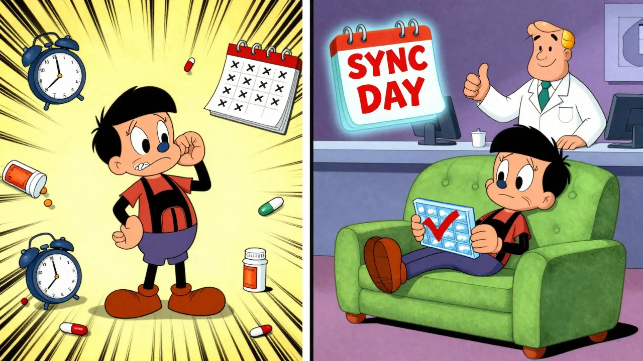 A split scene shows medication chaos on one side and calm with synced pills on the other.