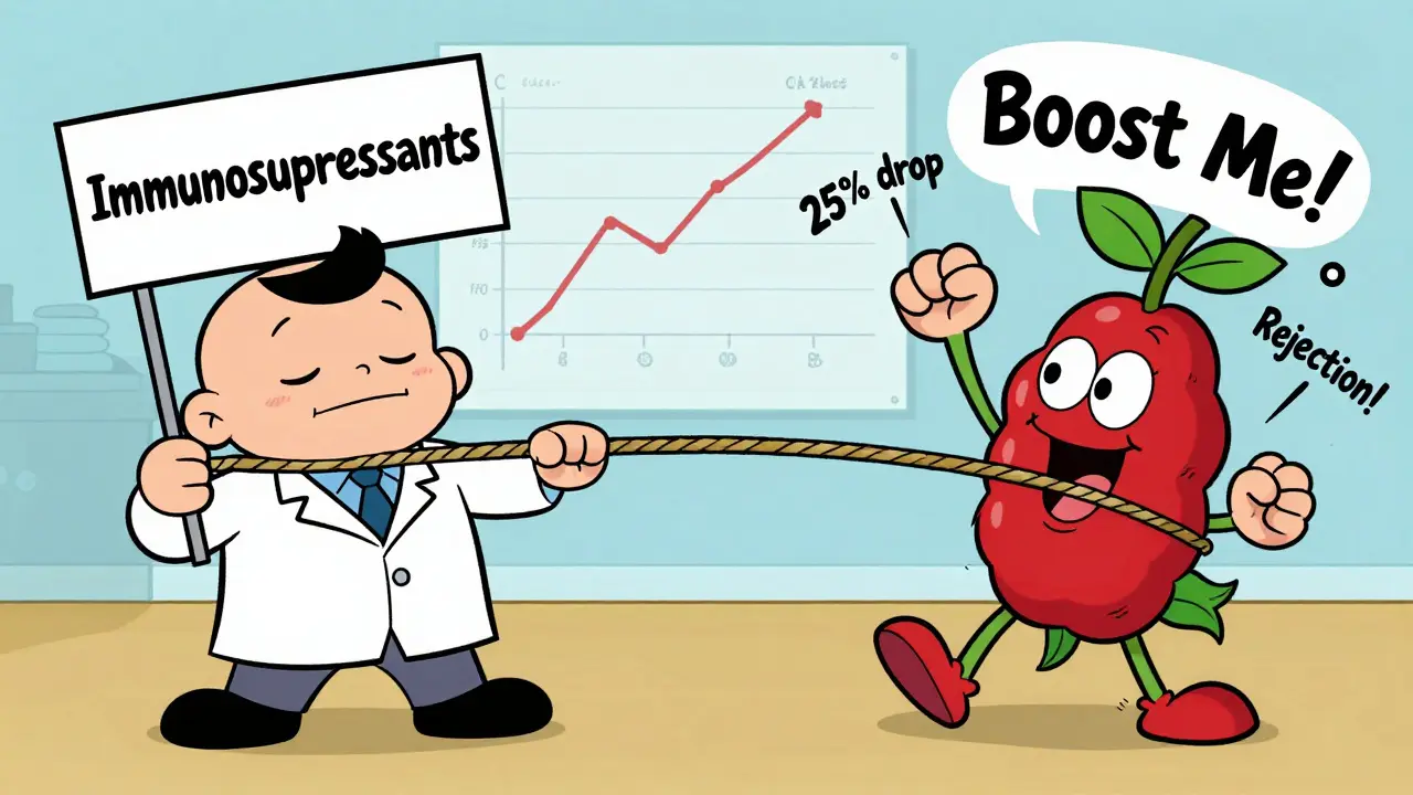 A tug-of-war between a calm immune system and an energetic elderberry plant, with medical charts in the background.