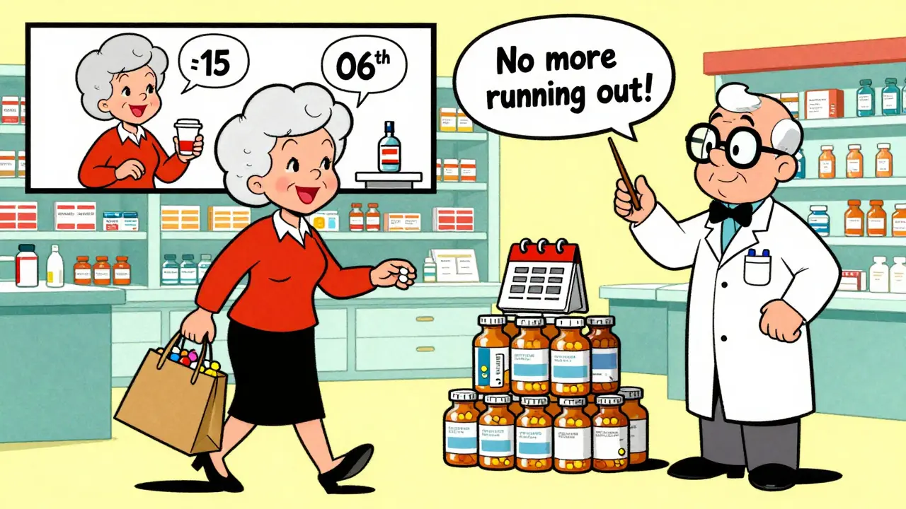 A woman watches as her multiple pill bottles transform into one bundle at a retro-style pharmacy.