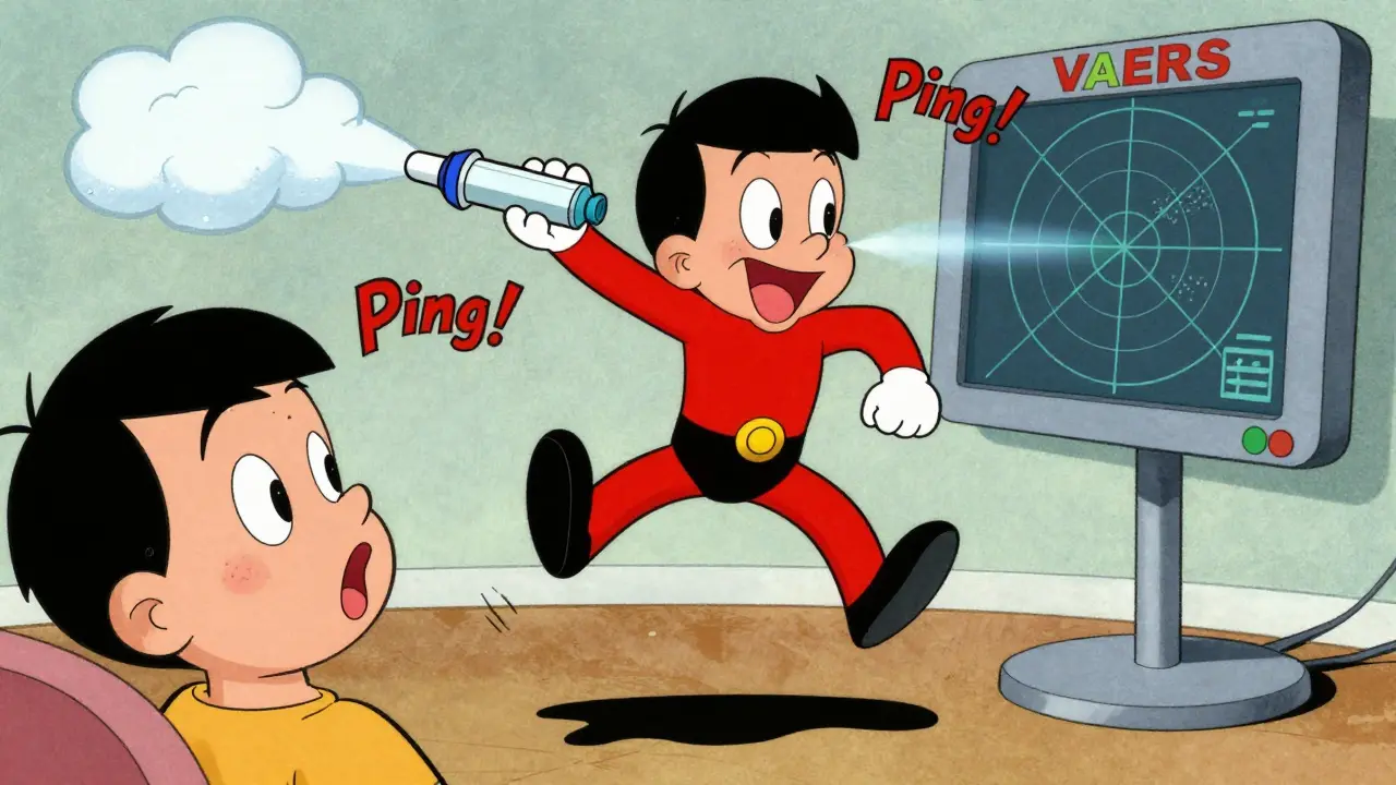 An epinephrine injector acting like a superhero saving a patient from allergic symptoms.