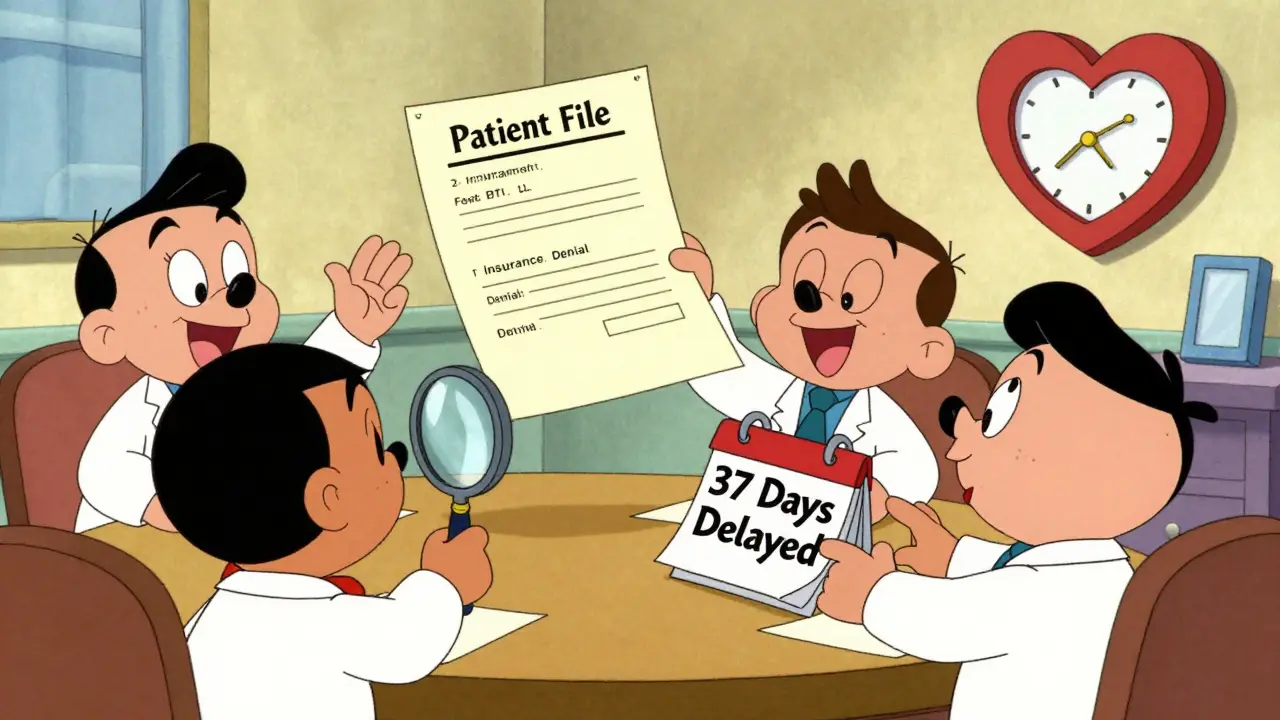 Cartoon transplant committee reviewing insurance papers and a delayed calendar in whimsical 1960s animation style
