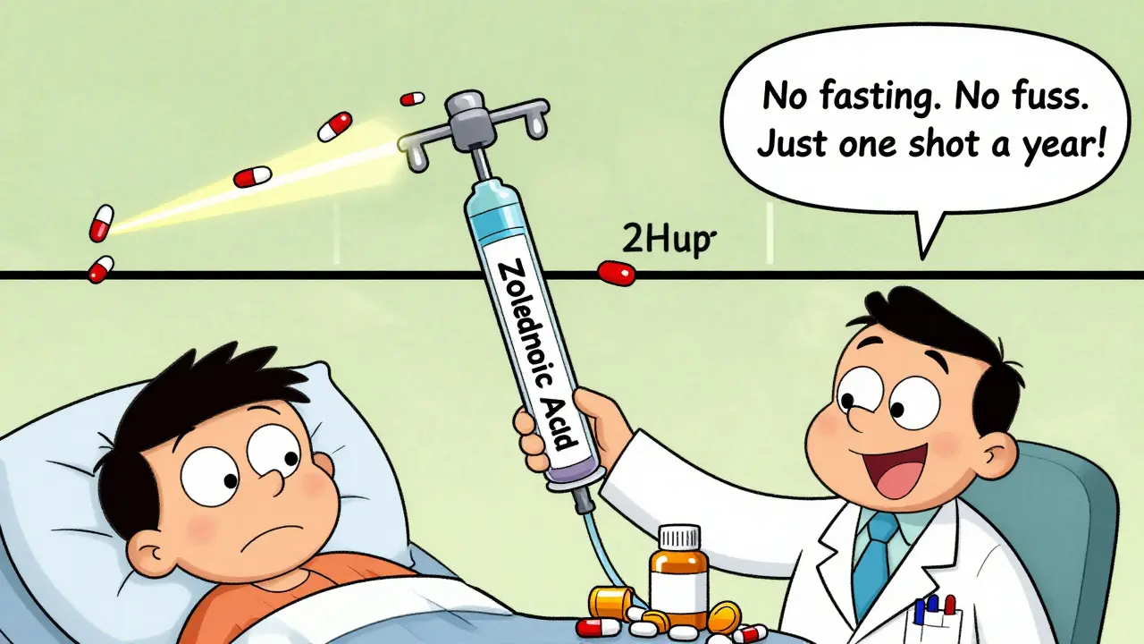 Doctor giving yearly IV shot to relieved patient, with calcium pills flying away in comic style.