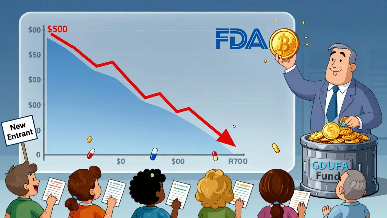 Hanna-Barbera-style cartoon of drug prices dropping as pills rain down on patients, with startup struggling to pay fee.