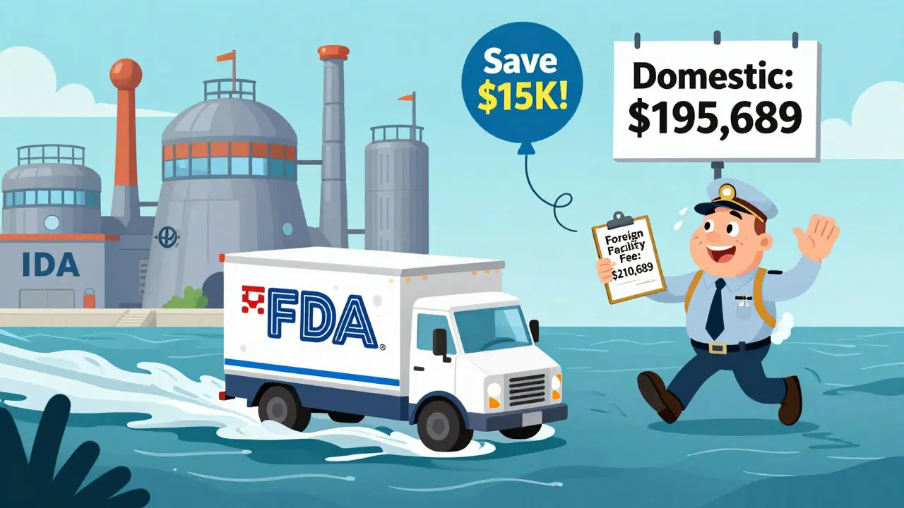 Hanna-Barbera-style cartoon of overseas drug factory sending truck to U.S. with FDA inspector chasing it, fee signs visible.