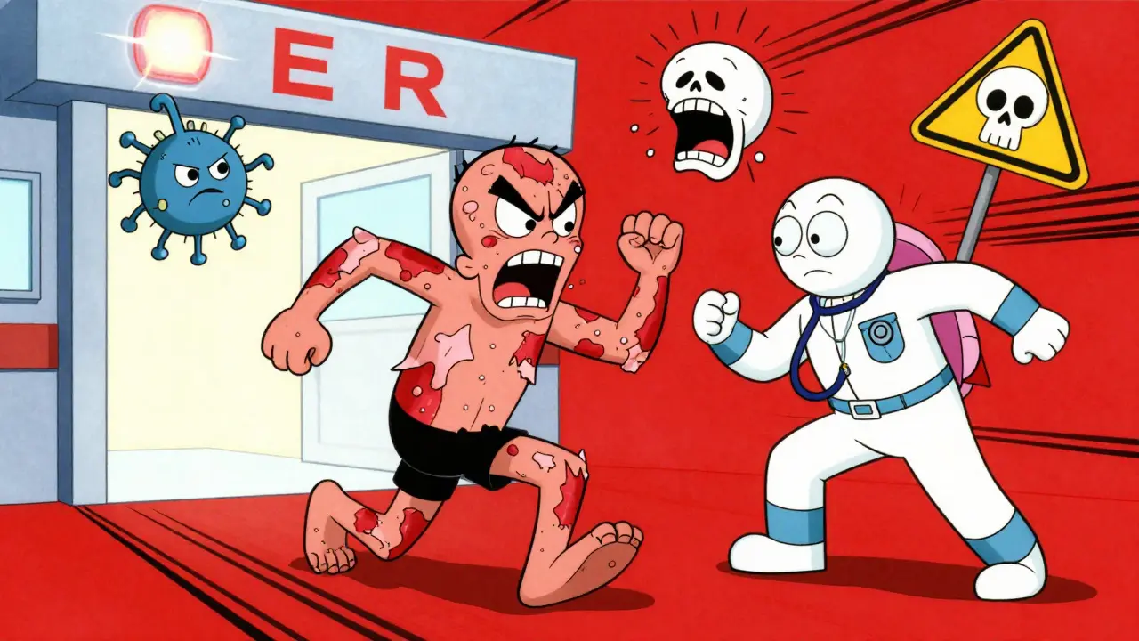 Person with peeling skin rushes toward ER with warning icons floating nearby