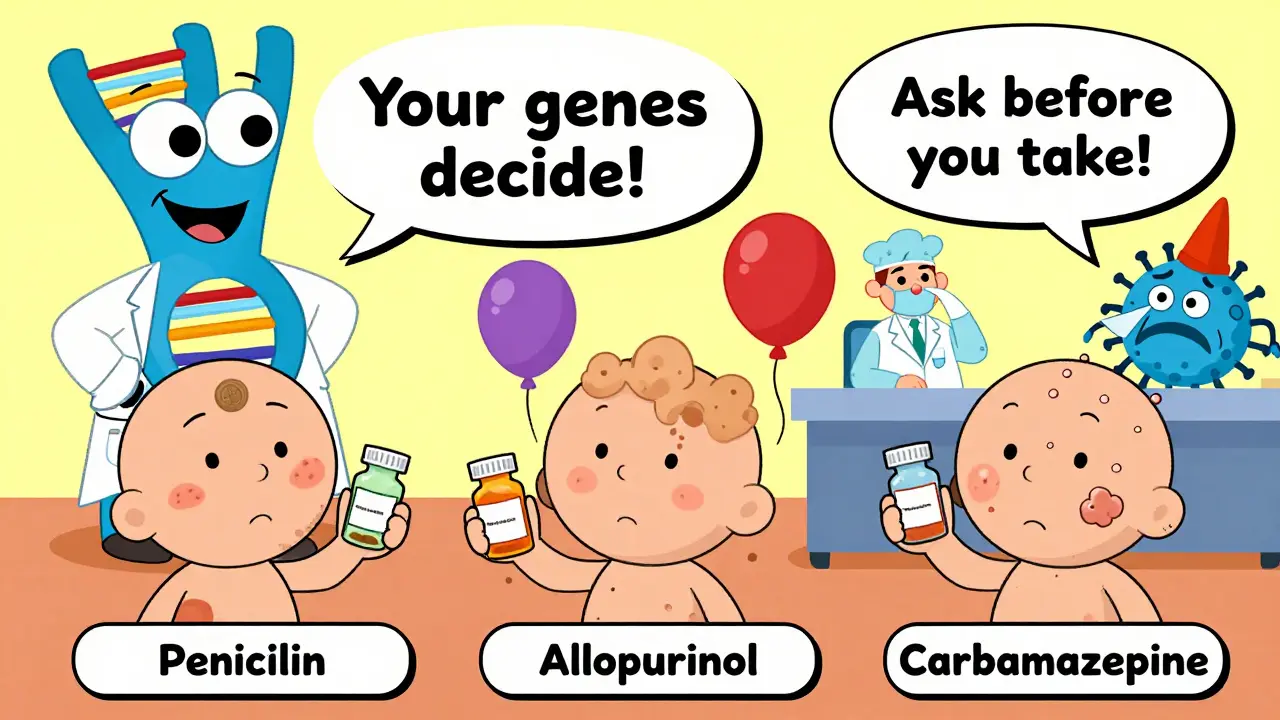 Three cartoon patients with different rashes hold pill bottles beside a talking DNA helix