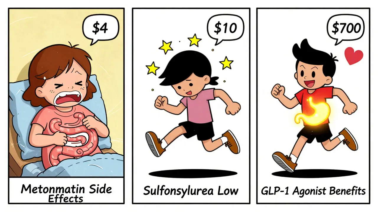 Three-panel comic: left shows diarrhea from metformin, middle shows fainting from low blood sugar, right shows a happy jogger with heart and weight loss, each with price tags of , , and 0.