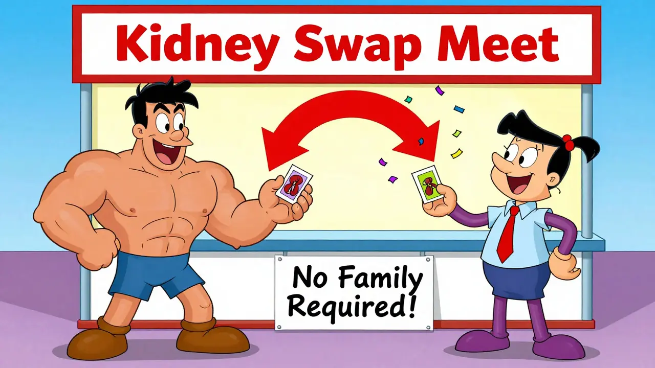 Two pairs of people exchanging kidneys like trading cards at a funfair swap booth in Hanna-Barbera style