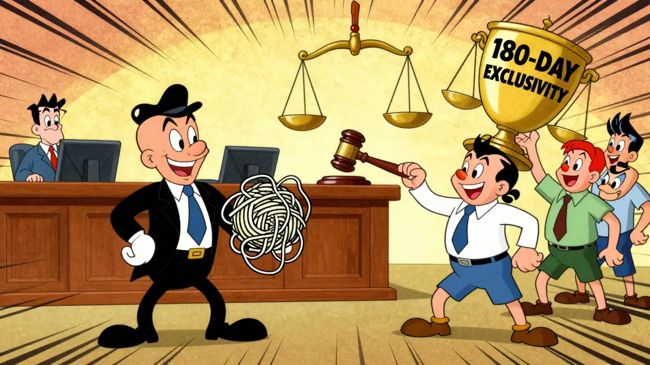 A brand-name company's patent thicket battles a generic team in court with a trophy for 180-day exclusivity.