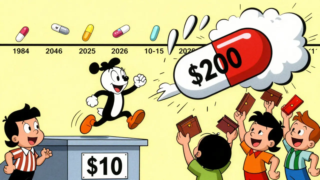 A cheap generic pill leaps off a shelf while an expensive branded pill explodes in smoke.