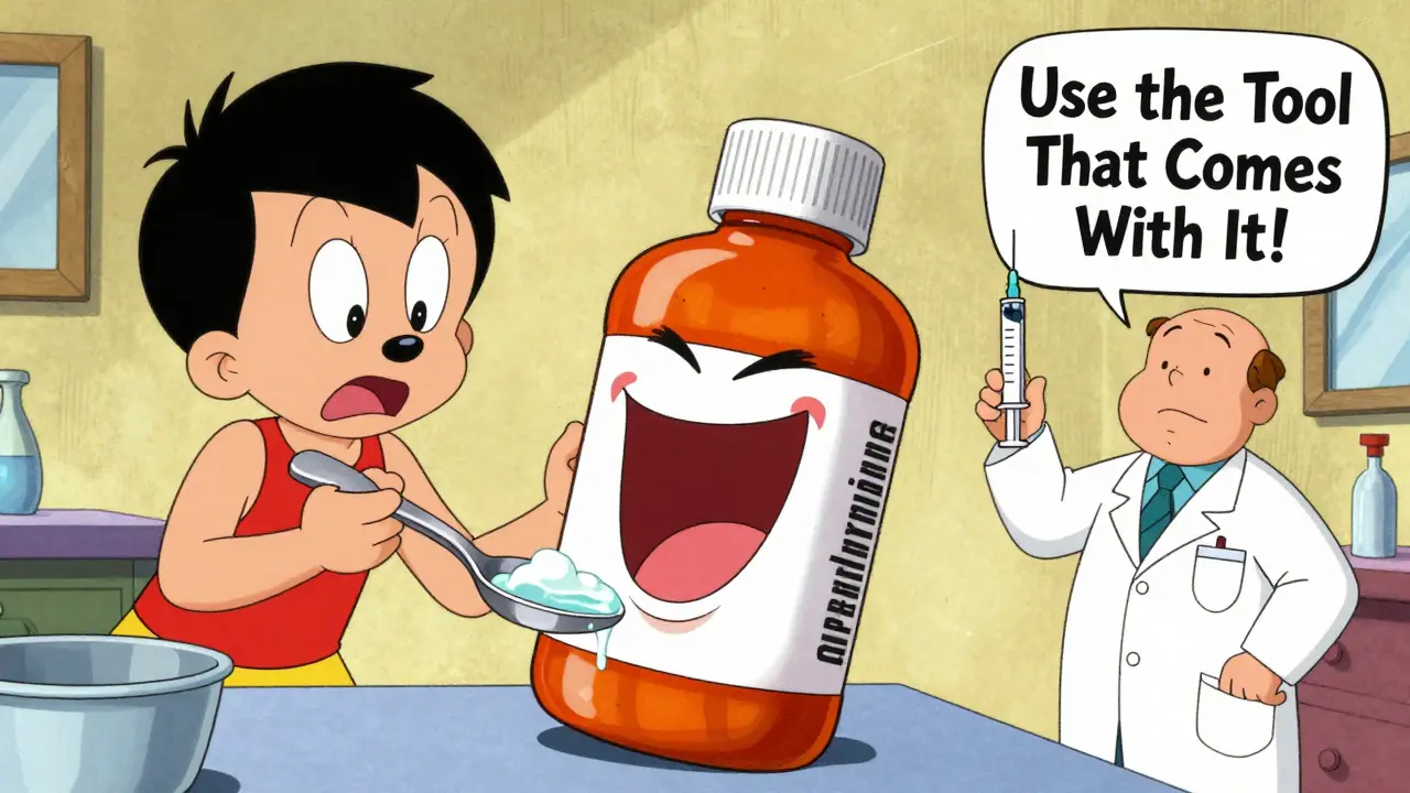 A parent uses a kitchen spoon to dose medicine as a laughing bottle mocks them.