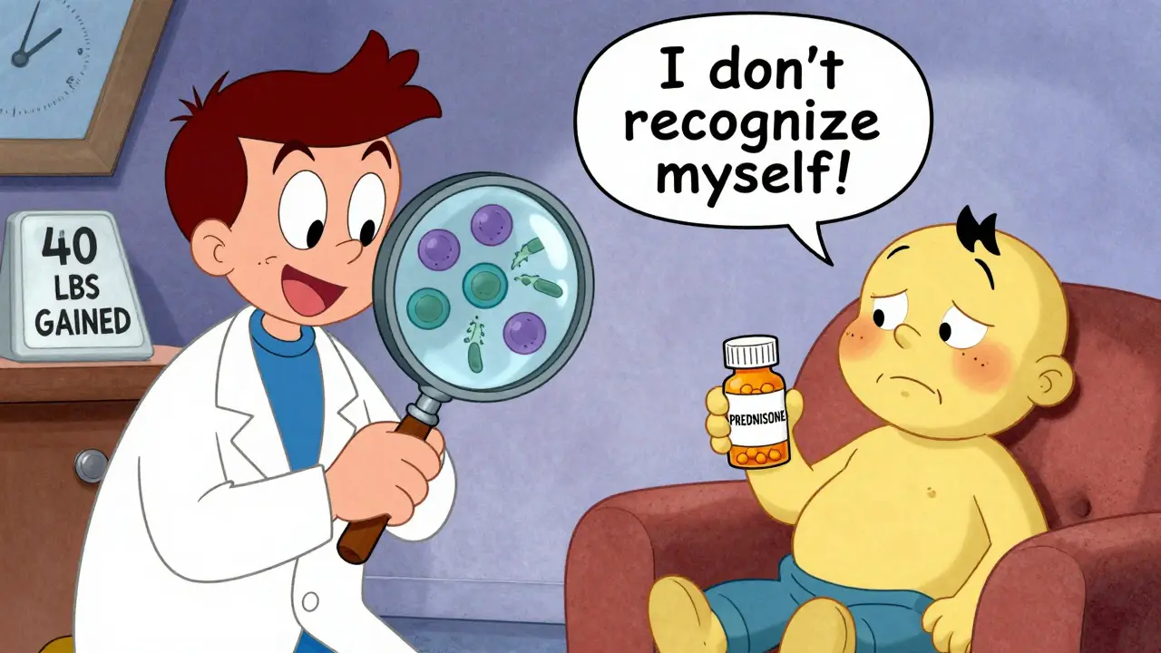 Doctor examining liver biopsy with patient experiencing side effects of prednisone, Hanna-Barbera style