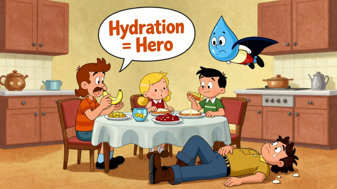 Family eating BRAT diet foods while a hydration hero droplet flies toward a dehydrated person.