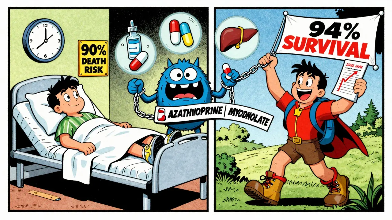 Split scene showing death risk vs survival with medication chains, Hanna-Barbera cartoon style